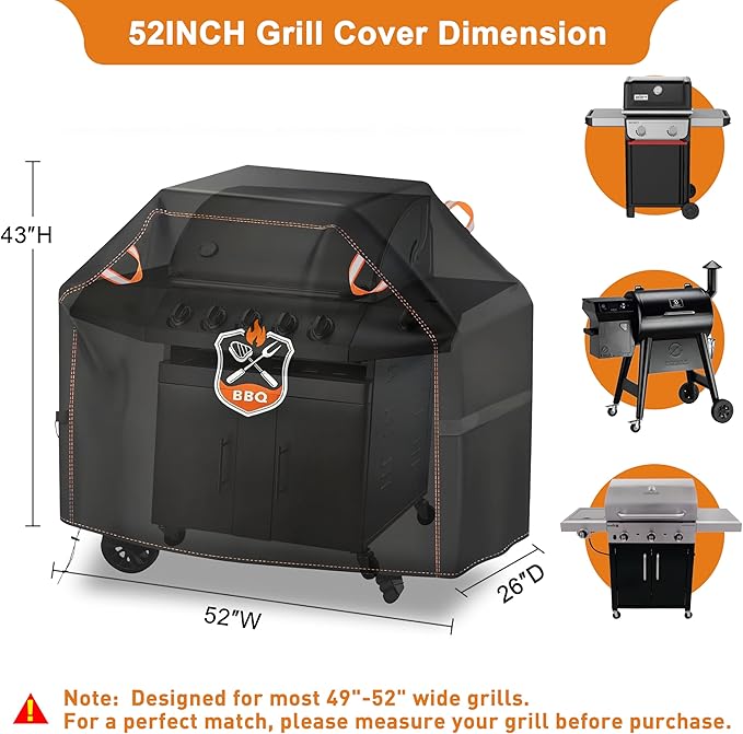 Kinetrail Grill Cover, Universal 52" BBQ Grill Cover for Outdoor Grill, Waterproof, Weather Resistant, Fade Resistant Gas Grill Cover with Adjustable Double Straps for Weber, Char-broil, Nexgrill, etc