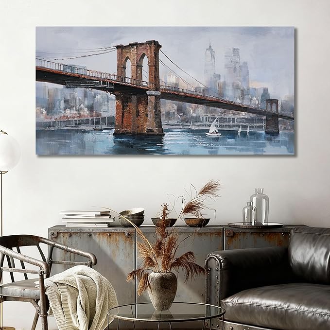 Ardemy Brooklyn Bridge Canvas Wall Art Abstract Skyline New York City Painting Prints, Modern Brooklyn Bridge Colorful NYC Picture Framed for Bedroom Living Room Home Office Wall Decor Large Size