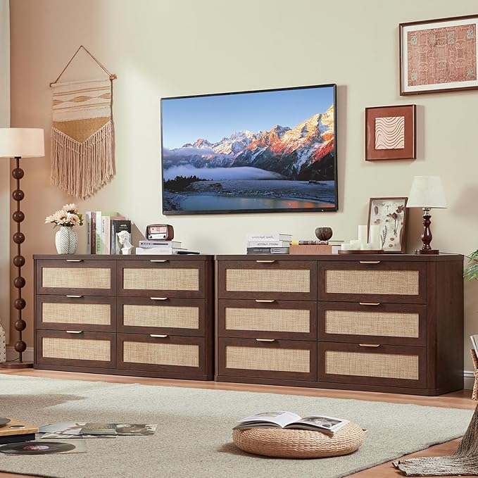 LEYAOYAO Rattan 6 Drawer Dresser for Bedroom, 54" Wide Boho Chest of Drawers, Wooden Dressers TV Stand with Metal Handle, Storage Closet Organizer for Living Room, Hallway, Walnut