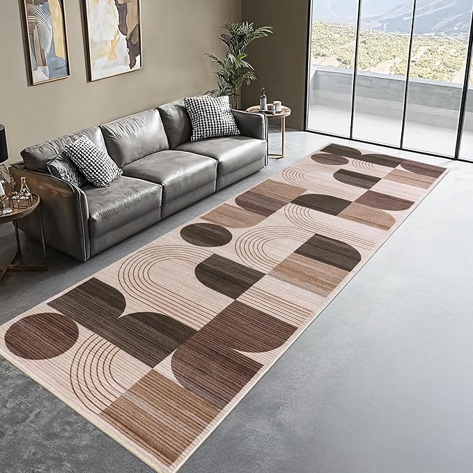 Machine Washable 2x6 Runner Rug, Soft Modern Geometric Abstract Brown Rugs for Bedroom Living Room, Non-Shedding Faux Wool Indoor Throw Floor Carpet for Office Entryway Dining Room Decor