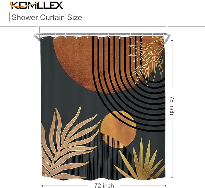 KOMLLEX Mid Century Brown Black Boho Shower Curtain for Bathroom Decor 72Wx78H Inches Abstract Modern Plant Botanical Minimalist Arch Sun Neutral Fabric Waterproof Polyester 12 Pack Hooks Pack Hooks