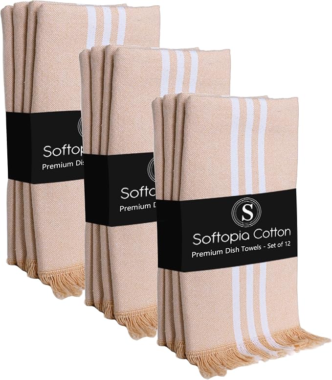 Prewashed Stripe Kitchen Towels 12 Pack, 16x26 Inches, 100% Cotton, Dish Towels for Kitchen Drying, Reusable Tea Towels, Absorbent Wash Cloths, Quick Dry and Machine Washable - Beige