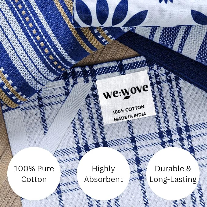 WeWove Assorted Kitchen Towels Set of 5-100% Cotton Dish Cloths Towels with Hanging Loop - Soft Absorbent Washable Reusable for Kitchen Use - Quick Drying 16x26 inch Dish Towels Blue