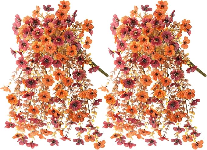 Artificial Faux Mums Fall Flowers for Outdoor Outside Decoration, 2 PCS Fake Silk Daisy Flower Plants Realistic UV Resistant for Home Porch Balcony Patio Autumn Decor (Orange Brown