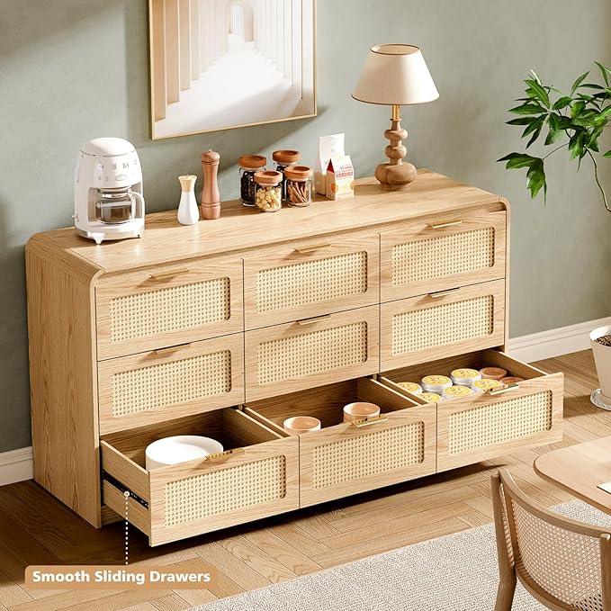 Mid Century Modern Dresser,Rattan 9 Drawers Dresser for Bedroom, 59" Wide Wood Dressers & Chests of Drawers/Curved Profile Design, Natural Texture for Bedroom, Living Room, Warm Wood
