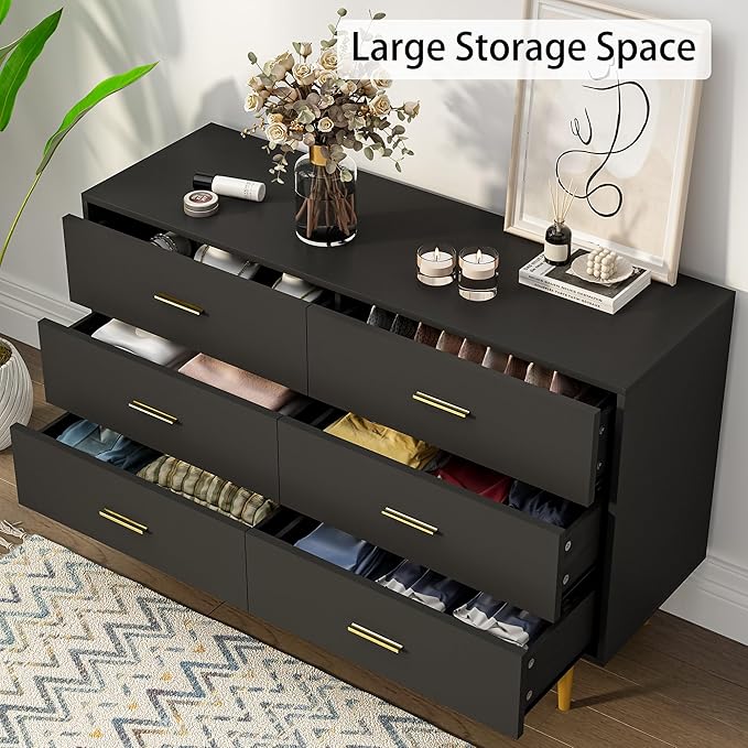 Dresser for Bedroom, 6 Drawer Black Wood Dresser with Golden Handles, Modern Wide Dressers & Chests of Storage Organizer Drawer for Entryway Hallway