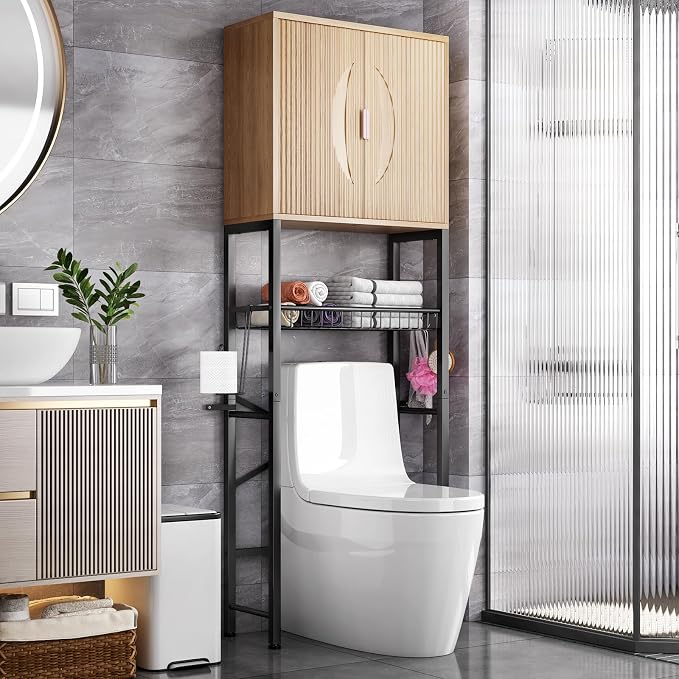 Kalrin Over The Toilet Storage Cabinet with Fluted Wave Doors and Adjustable Shelf, Wood Over Toilet Storage Rack with Drain Basket, Freestanding Bathroom Organizer for Balcony Laundry, Wood & Black