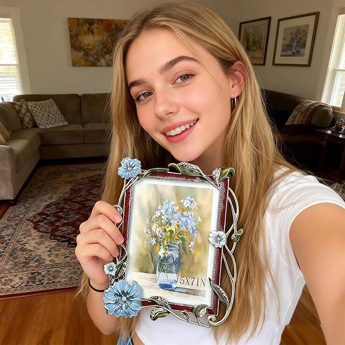 Vintage Floral Picture Frames Luxury Unique Ornate Antique Metal Photo Frame of HD Glass for Tabletop/Wall Display Gifts for Women (Blue Flowers, 5X7)