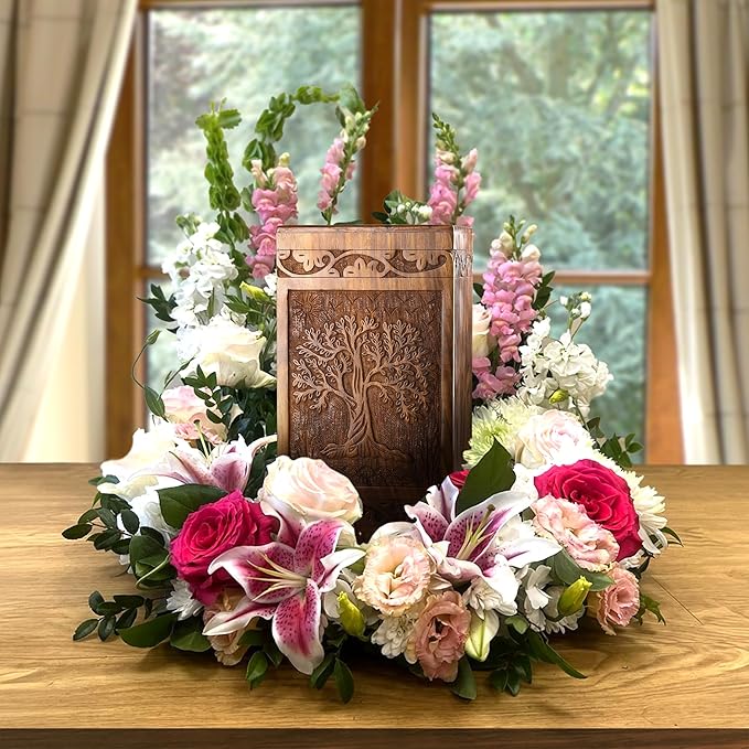 INTAJ Handcarved Wooden Cremation Urn for Human Ashes - Tree of Life Design, 250 lbs Capacity, Suitable for Adult Men and Women - Decorative Funeral Urn Box and Casket