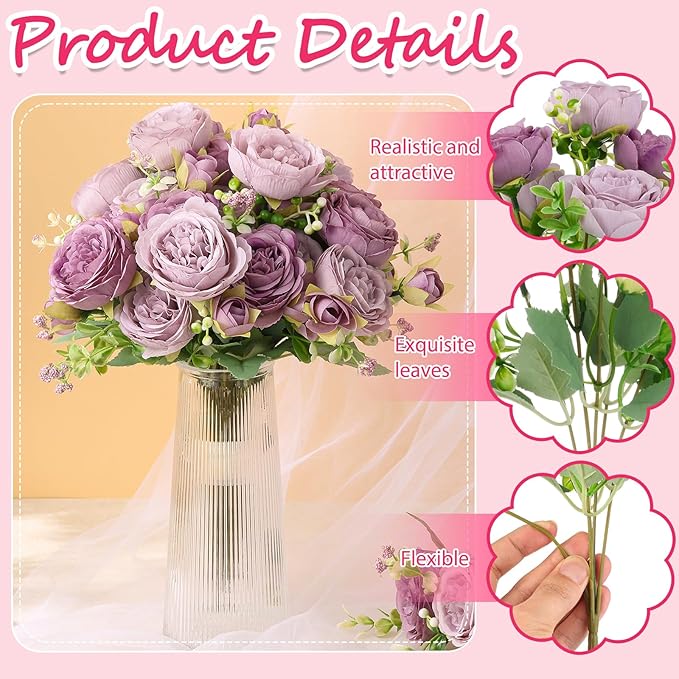 Olgaa 12 Bundles Peonies Artificial Flowers Artificial Peonies Silk Flowers Bulk Fake Peony Bouquet for Bridal Shower Decorations Wedding Table Centerpiece (Purple)