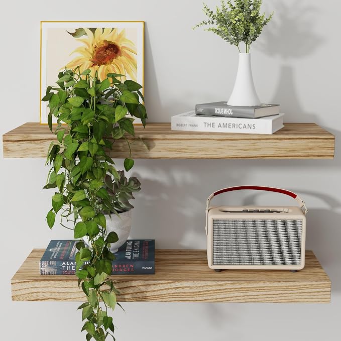 Axeman Floating Shelves, 2 Pack 8 Inch Deep Modern Solid Wood Wall Shelves for Storage, Wall Mounted Display Shelving with Invisible Heavy-Duty Metal Bracket, 24" W x 8" D x 1.6" H, Light Carbonized