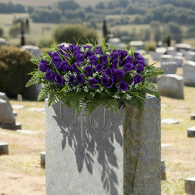 Artificial Cemetery Flowers Saddles, Artificial Memorial Rose Flowers, Outdoor Grave Saddle for Headstone Tombstone Decorations (Purple)