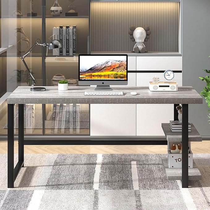 FOLUBAN 60 Inch Computer Desk, Modern Large Home Office Desk with Storage Shelves, Wood and Metal Writing Table Study Gaming Desk Workstation for Living Room, Industrial Light Grey