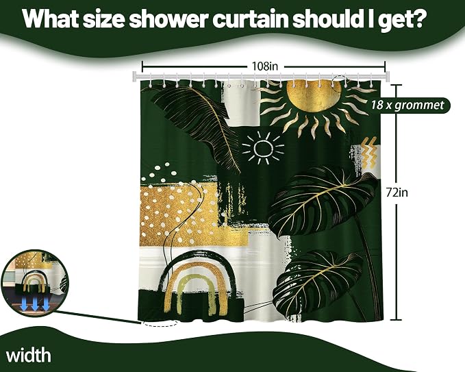Extra Long Shower Curtain Extra Tall Green and Gold XL Abstract Tropical Leaf Shower Curtains for Large Bathroom Decor Sets, Waterproof Cloth Fabric with Hooks, 108x72 Inch