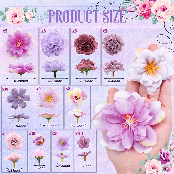Geosar 120 Pcs Small Flowers for Crafts Mini Faux Flowers Artificial Silk Fabric Floral Arrangement Decor for DIY Wreath Bouquets Wedding Shower Home Decor(Purple,Coquette Style)
