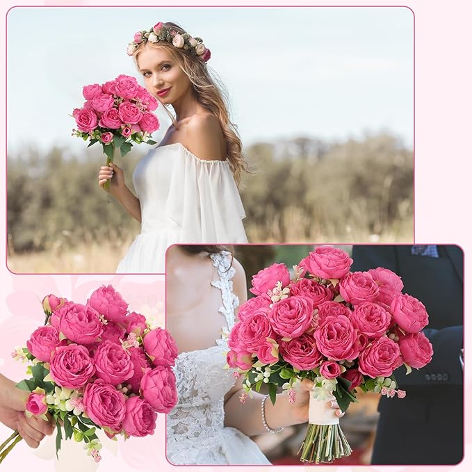 8 Pack Hot Pink Peonies Artificial Flowers, Fake Silk Hydrangea Bouquet for Bridal Wedding Home Table Decor Reusable Dining Opening Ceremony Birthday Arrangement Faux Floral