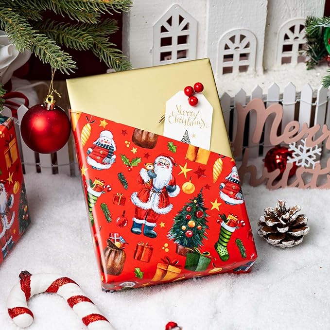 MAYPLUSS Christmas Wrapping Paper Roll - 17IN X 33FT - Red Gift Wrapping Paper Featuring Santa Claus Christmas Tree Snowman Reversible Gold for Kids, Holiday, New Year