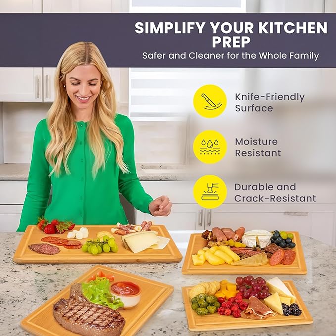Glue-Free Surface™ 2XL Extra Large Bamboo Cutting Board Set of 4 – Small, Medium, XL, and Oversized Sizes from Chopping Vegetables to Carving Meat & Turkey for Large Family Meal Prep and Gatherings