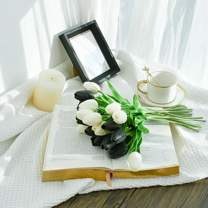 Mandy's Artificial Tulips 20 Stems Black and White PU Faux Flowers for Thanksgiving and Christmas Decorations Wedding Home Decor 13.5 Inch