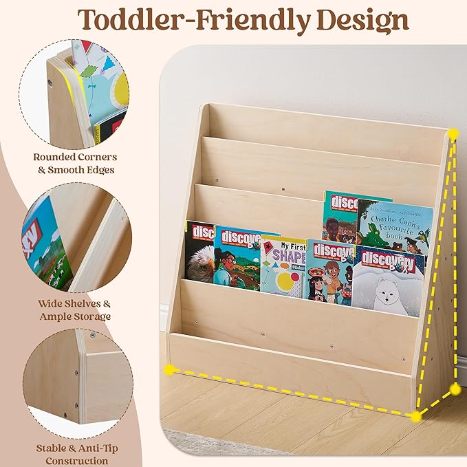 Montessori 5-Tier Kids Bookshelf & Organizer, Pine Plywood Forward-Facing Book Display Shelf for Playroom, Nursery & Classroom