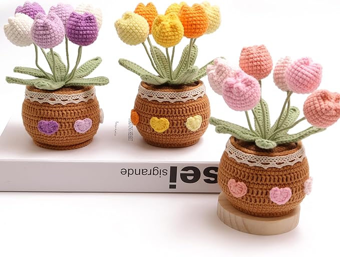 Handmade Tulips, Hand-Woven Flowers, Crocheted Tulips, Artificial FlowersTulipsBirthday Gifts for Family and Girlfriends, Home Office Decoration, Graduation Anniversary (6 Flowers-Yellow)