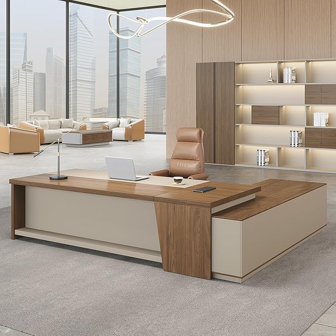 Modern L Shape Executive Desk with Drawers and Lockable Storage Cabinet, Large Executive Office Desk with Cable Management (Champagne Wood Grain+Beige/Left,79" L*63" W*30" H)