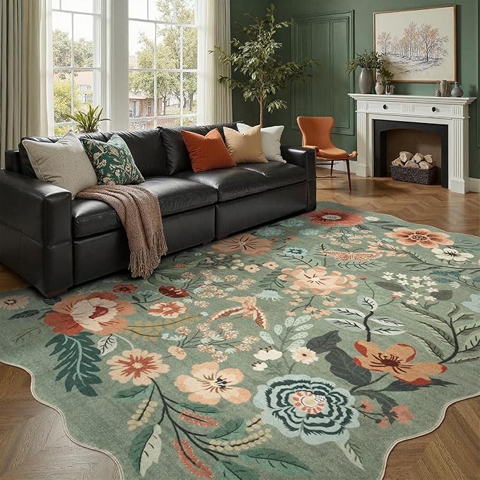 DCX Vintage Floral Rug 9x12, Washable Sage Green Rug for Living Room, Kid & Pet Friendly with Rubber Back Non Slip, Soft Low Pile Carpet, Stain Resistant Rug for Bedroom, Nursery, Dining Room