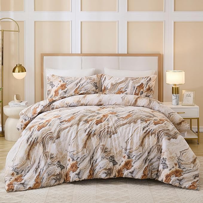 100% Cotton Comforter Set Queen Size 3 Pcs Taupe Marble Bedding Modern Simple Abstract Theme Soft Breathable