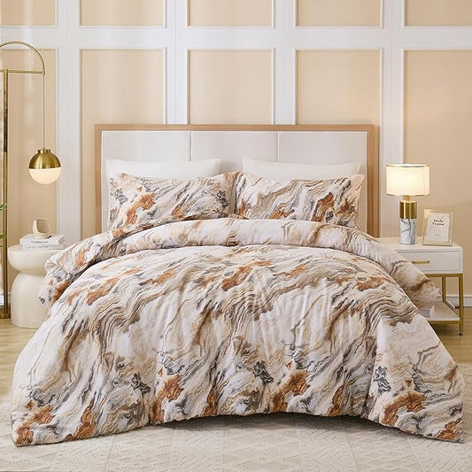 100% Cotton Comforter Set Queen Size 3 Pcs Taupe Marble Bedding Modern Simple Abstract Theme Soft Breathable