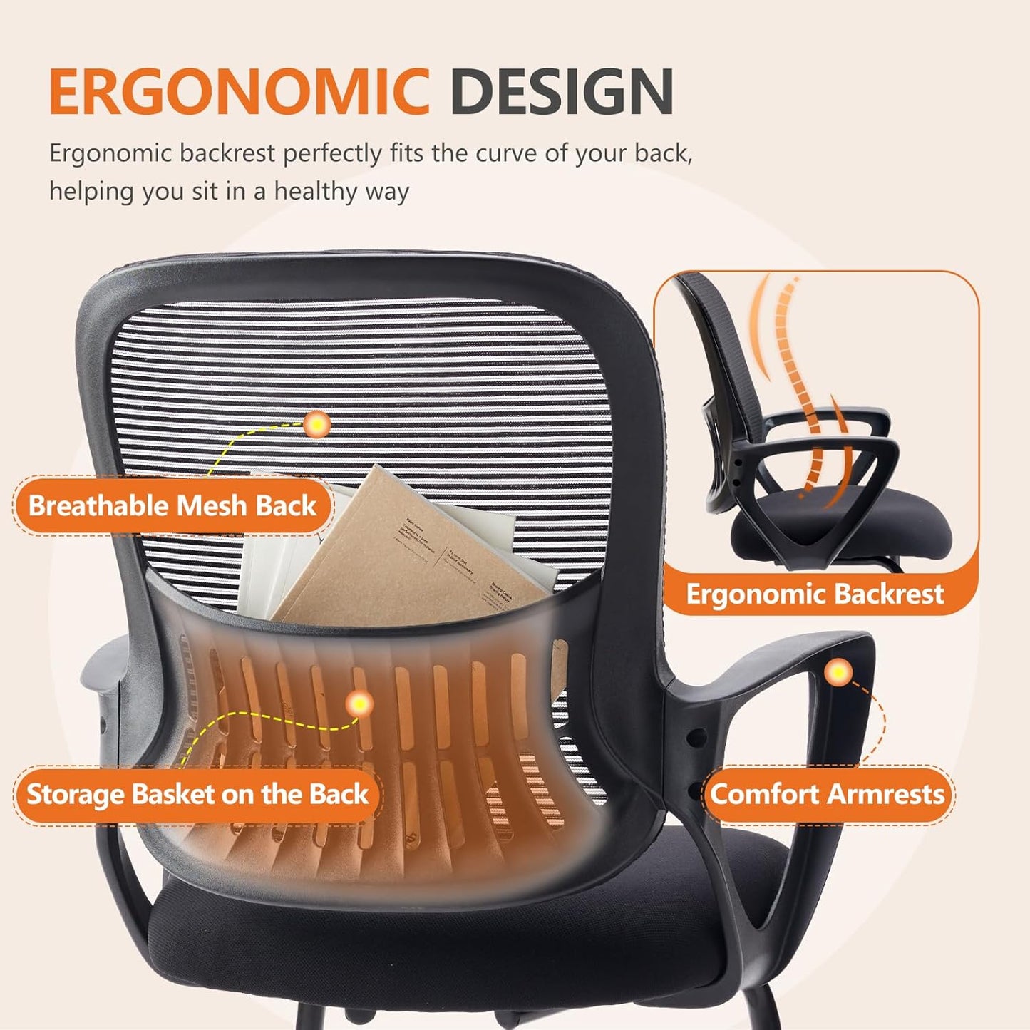 Sweetcrispy Reception Chair - Stationary Mid Back Mesh with Lumbar Support | Set of 2 in Modern Black