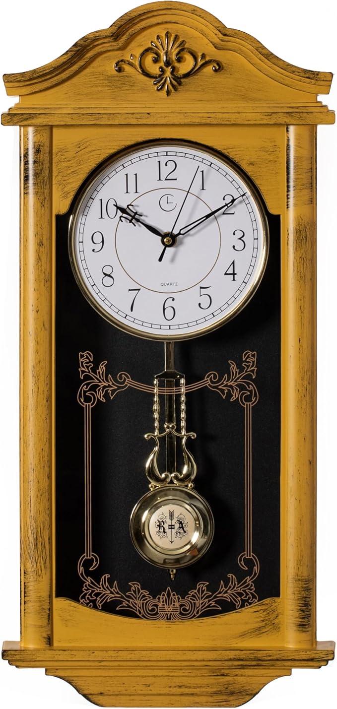 Clockswise Vintage Grandfather Wood - Looking Plastic Antique Pendulum Wall Clock for Living Room Decor, Kitchen, Office, Or Dining Room, Silent Wall Mount Battery-Operated (Yellow)