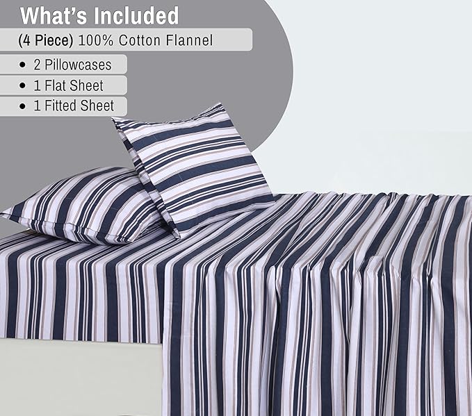 RUVANTI Flannel Sheets Full Size - 100% Cotton Double Brushed Bed Sheets Set, Deep Pockets 16 Inches, All Seasons Breathable & Extra Soft Full Sheets, Warm & Cozy, 4 Piece, Maritime Stripe