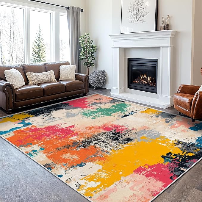 6x9 Colorful Area Rug Modern Abstract Beige Orange Yellow Pink Blue Black White Grey Rug Bedroom Low Pile Thin Large Carpet Living Room Non Slip Dining Room Stain Resistant Office Washable Machine