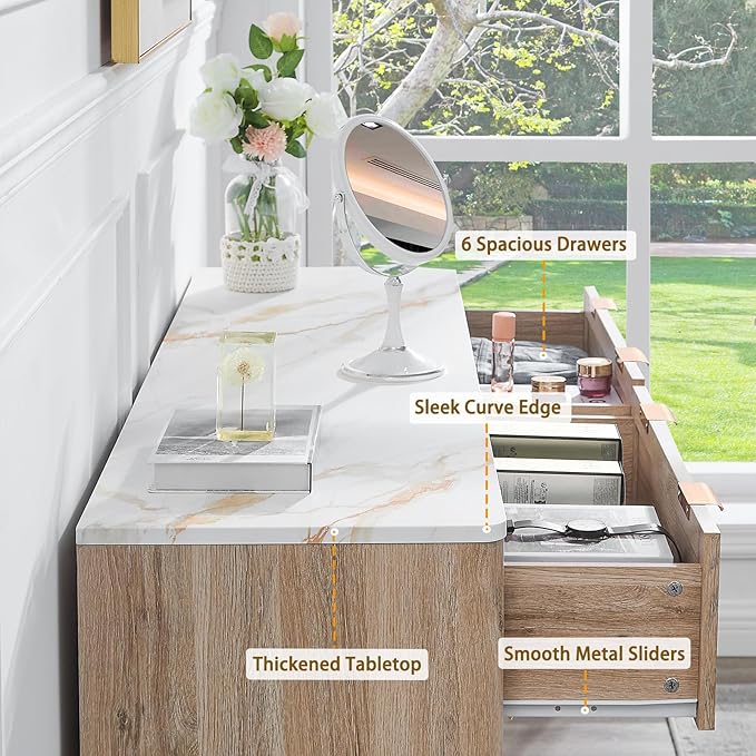 6 Drawers Dresser for Bedroom, 54" Large Storage Dresser, Farmhouse Wood Dressers with Faux Marble Top, Modern Dressers & Chests of Drawers for Living Room Entryway, Fluted Curved Profile, Natural Oak