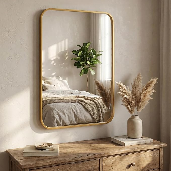 24x36 Inch Matte Gold Bathroom Vanity Mirrors | Flush Mount Deep Set Metal Wall Mirror for Over Sink | HD Shatterproof Glass, Rustproof | 1 Pack