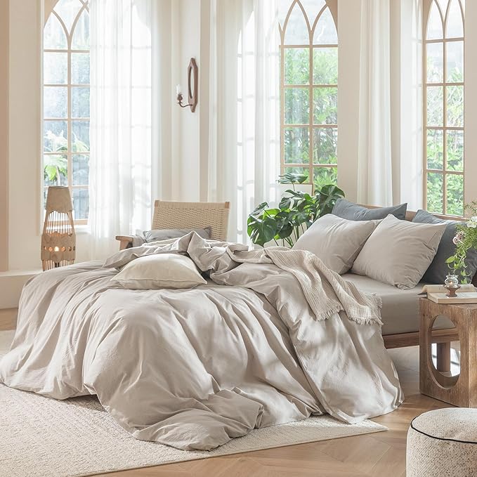 MooMee Bedding Duvet Cover Set 100% Washed Cotton Linen Like Textured Breathable Durable Soft Comfy (Solid Light Tan, Queen 90"x90")