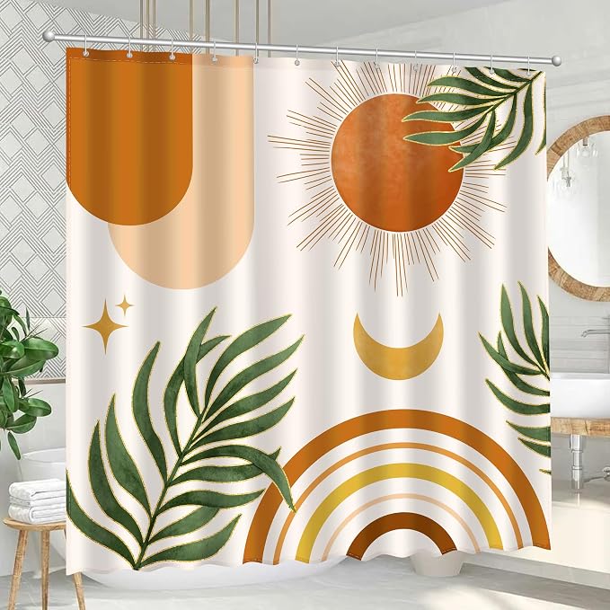 JWXCBIM Boho Mid Century Shower Curtain, Bohemian Orange Minimalist Simple Aesthetic Modern Bathroom Decor, Spring Summer Colorful Rainbow Sun Moon Botanical Fabric Cloth Bath Curtain 72x72 Inches