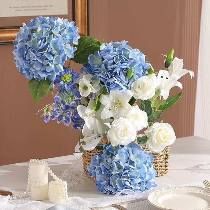 3Pcs Hydrangea Artificial Flowers, 22.44" Real Touch Latex Faux Hydrangea with Long Stems & Leaves for Home Office Decor or Wedding, Party, Centerpieces, Floral Arrangements (Blue)