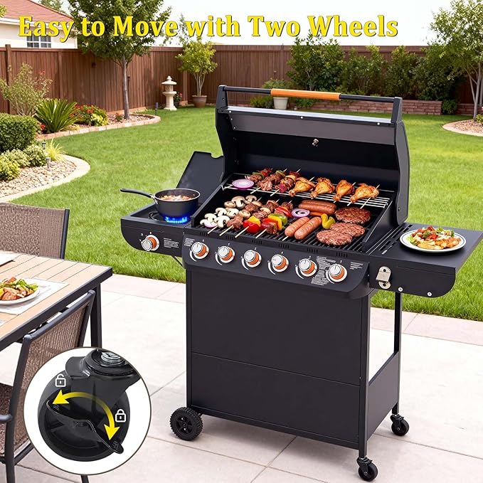 Unovivy Large 6-Burner Propane Gas Grill with Side Burner & Porcelain-Enameled Cast Iron Grates, BBQ Grills with Built-in Thermometer, 72,000 BTU Barbecue Grill, Oil Tray, Outdoor Patio Garden
