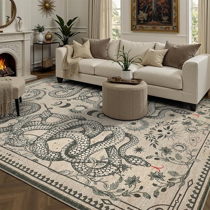 DCX Washable 6x9 Snake Rug, Beige Gothic Rug for Living Room, Soft Low Pile Carpet, Kid & Pet Friendly with Rubber Back Non Slip, Stain Resistant Rug for Bedroom Dining Room Office