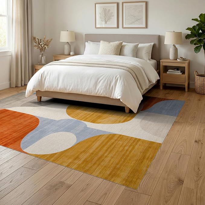 Flatwoven High Traffic Area Rug 6x9, Mid Century Modern Abstract with Fluid Lines and Symmetrical Ovals, Non Slip, Stain Resistant, Washable Area Rugs for Living Room, Bedroom (Orange, 6x9)