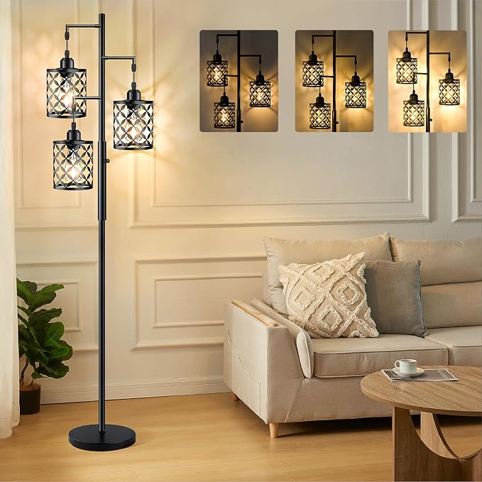 Dimmable Floor Lamp, Farmhouse Standing Lamp with Elegant Metal Cage, Industrial Tall Tree Floor Lamps for Living Room, Bedroom, Study Room, Office, 2400LM LED Bulbs Included - 68", Black