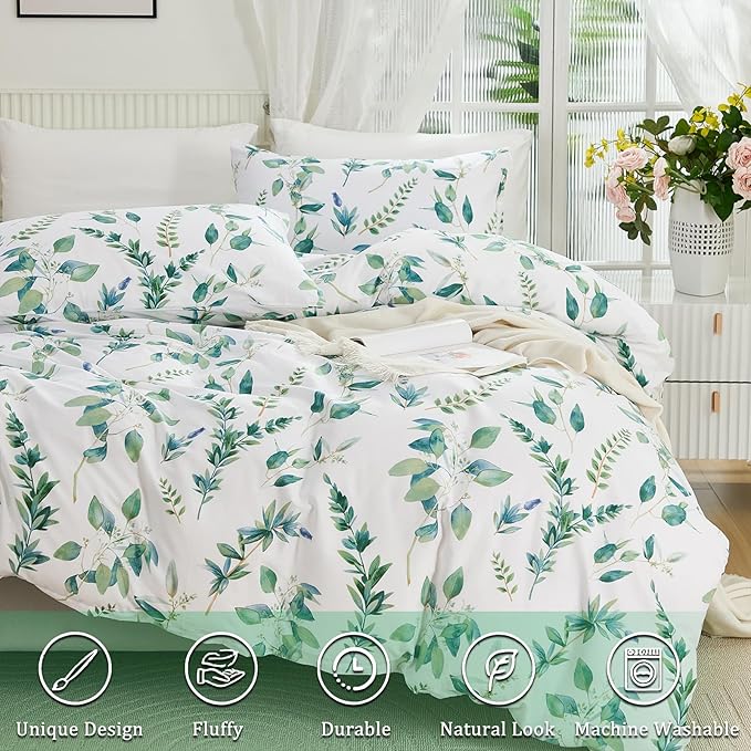Botanical 100% Cotton Duvet Cover King Size - 3Pcs Mint Green Printed with Sage & Emerald Leaves on White,Reversible Lightweight and Soft Bedding Sets