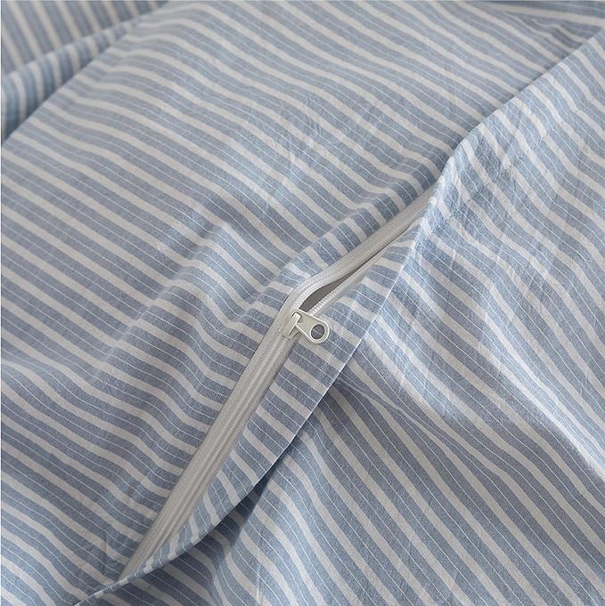 JIYUAN 100% Washed Cotton Striped Duvet Cover Set 3 Pieces King, 1 Duvet Cover and 2 Pillowcases(Comforter Not Included),Linen Like Comfy and Breathable,Pinstripes - Heathered Cornflower Blue White