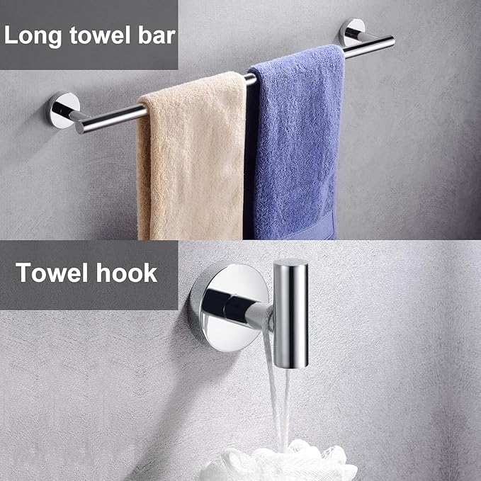 6 Pieces Polished Chrome Bathroom Hardware Accessories Set, SUS304 Stainless Steel 24 Inch Bath Towel Bar Set, Round Bathroom Towel Holder Set, Towel Racks for Bathroom Wall Mounted