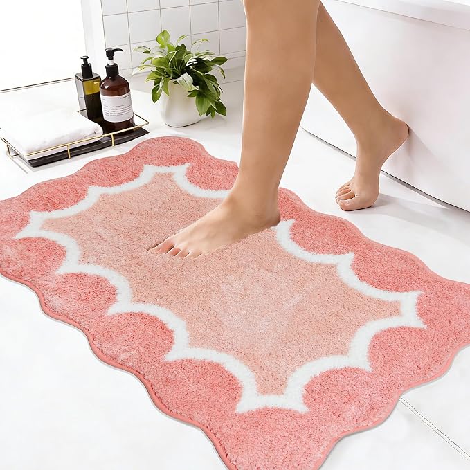 Cute Scalloped Coral Pink Bathroom Rugs Mat,Non Slip Absorbent Quick Dry Bath Mats for Shower Room,Plush Microfiber Bath Rug for Bathroom Floor Washable Carpet for Tub Sink Bedroom,20"x32"