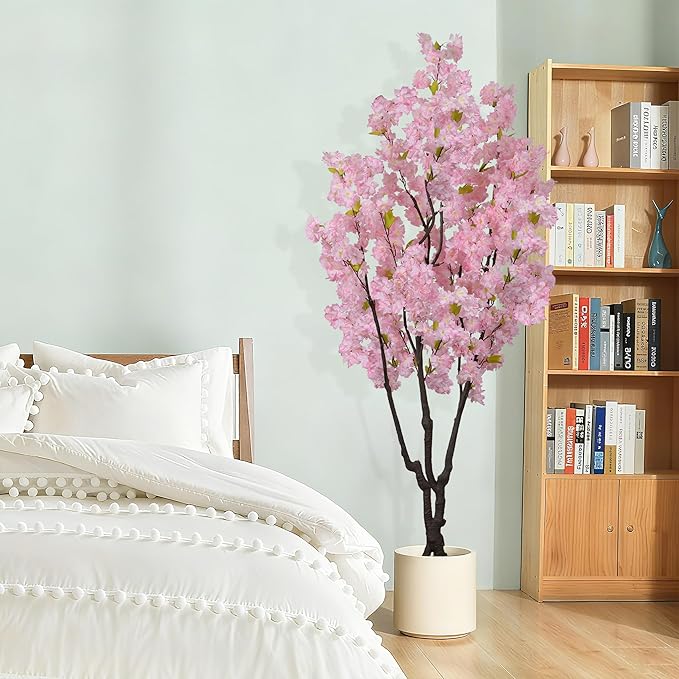 5.9ft Tall Pink Artificial Cherry Blossom Tree, Realistic Handmade Silk Leaves Sakura Plant, Fake Lifelike Cherry Blossom Tree for Home Office Indoor Outdoor Party Wedding Christmas Decor