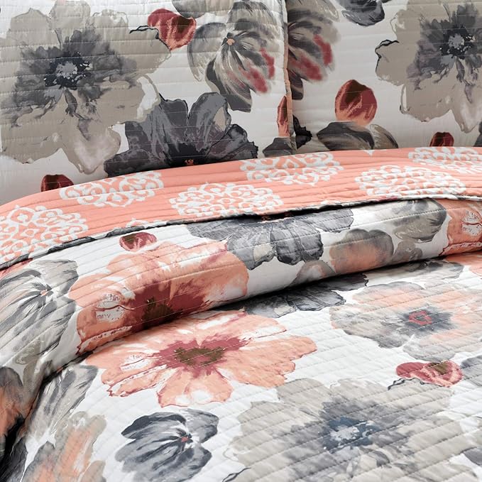 Lush Decor Leah Reversible Floral Quilt Set, 3 Piece Set, King, Coral & Gray - Watercolor Botanical - Cottage Core - French Country Decor- Bedding Queen Size
