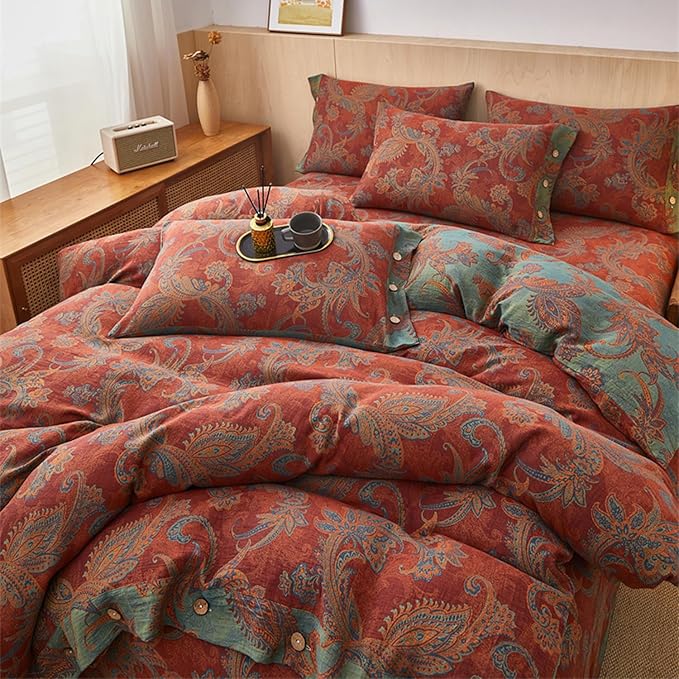 EAVD Vintage Style Jacquard Floral Duvet Cover King Soft 100% Cotton Muslin Yarn-Dyed Textured Bedding Set with 2 Pillowcases Boho Floral Comforter Cover with Button Closure