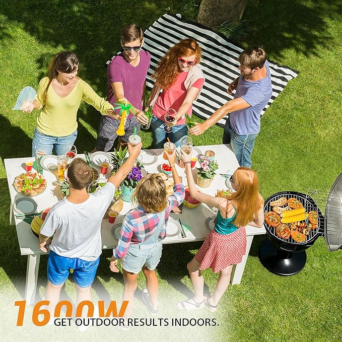 Electric Grill, Techwood Indoor/Outdoor Electric BBQ Grill, 1600W Portable Removable Stand Grill with Adjustable Heat & Drip Tray, Double Layer Design for Party, Patio & Backyard, Dust Cover(Silver)